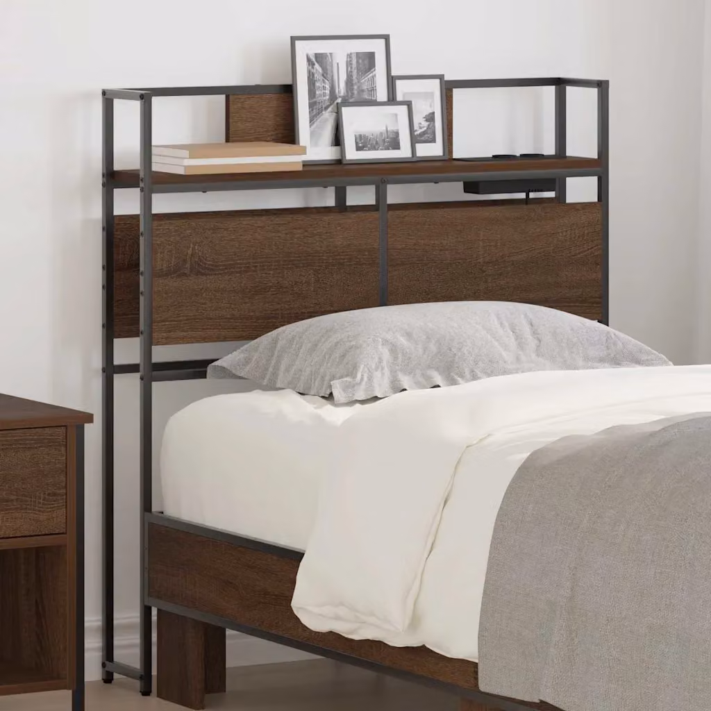 Testata del letto con contenitore vidaXL in legno ingegnerizzato e metallo, colore marrone, con ripiano integrato e porta di ricarica USB