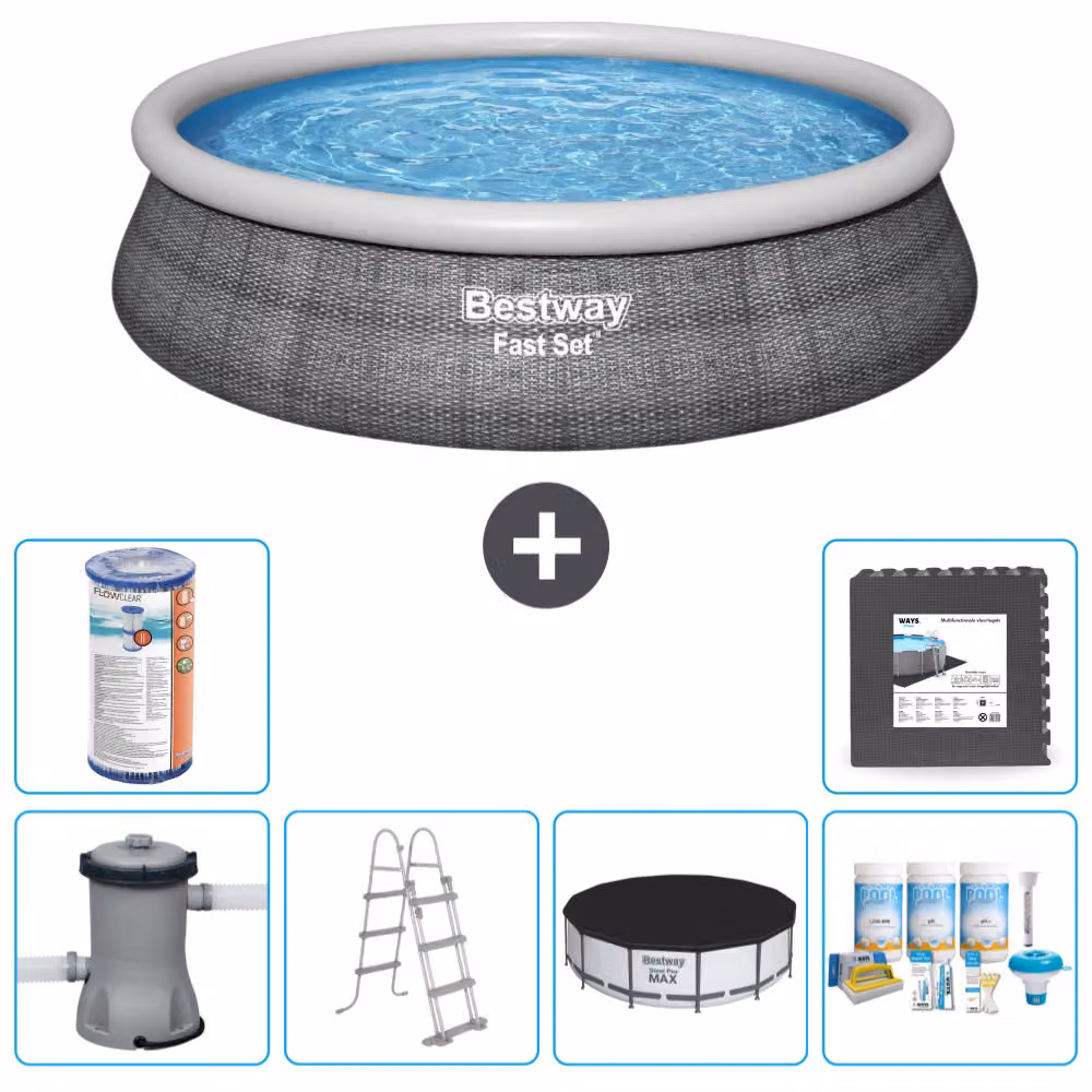 Piscina gonfiabile rotonda Bestway a presa rapida - stampa rattan - 457 x 107 cm - inclusa pompa - copertura a scaletta - pacchetto manutenzione - filtro - piastrelle per pavimento