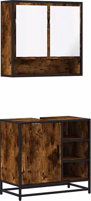 Set Mobili da Bagno | Armadio da bagno 2 pz Rovere Fumo in Legno Multistrato