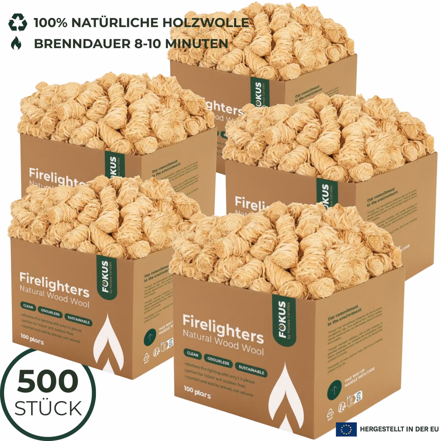 HORECA CANDLES Accendifuoco in trucioli di legno, 500 pezzi - Accendifuoco ecologico in trucioli di legno - Per caminetti, barbecue, stufe e forni per pizza - Resistente all'acqua