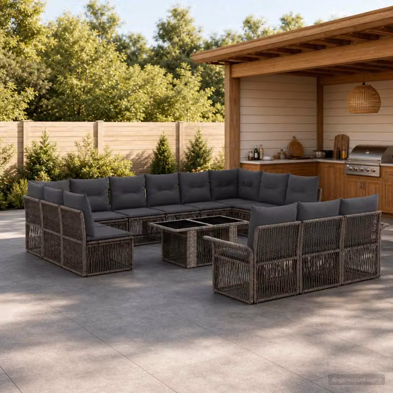 Set Divano da Giardino vidaXL 14 Pezzi a Forma di U in Polyrattan Grigio e Antracite con Tavolino e Cuscini