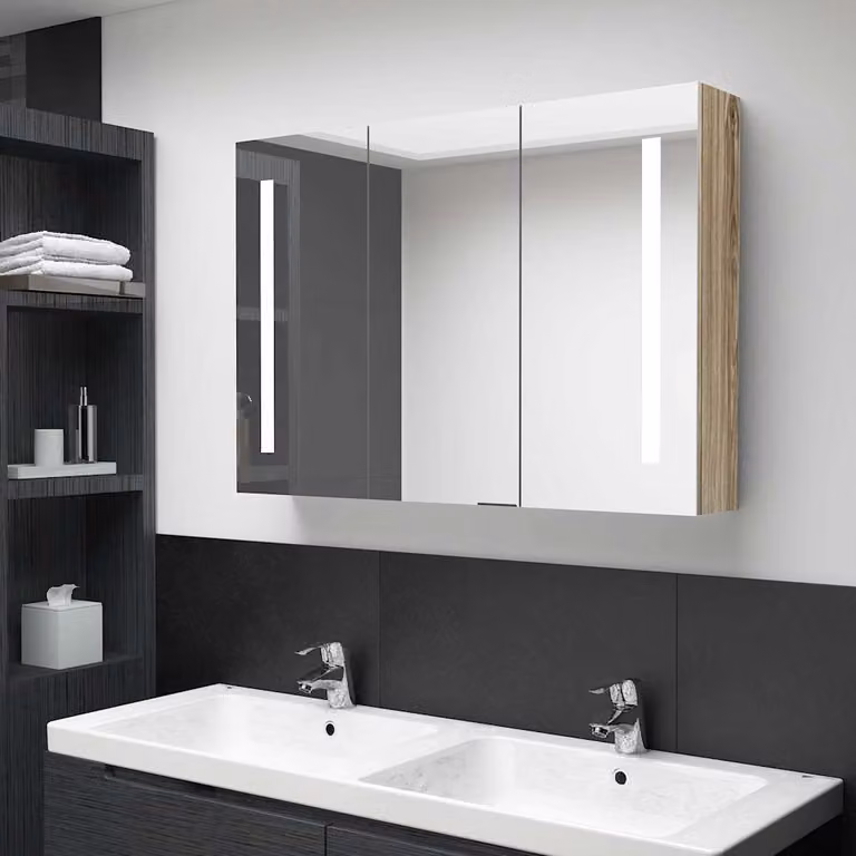 Armadietto da bagno con specchio e illuminazione LED vidaXL in rovere, L 89 x P 14 x H 62 cm