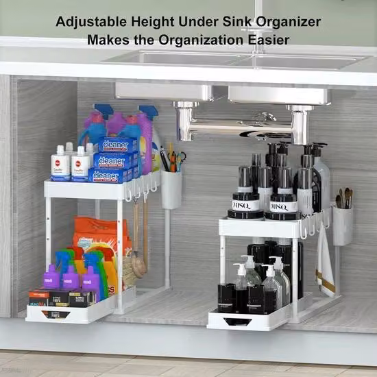 Due livelli sotto lavabo, mobile, organizzatore di cassetti, sostegno lavabo pieghevole, con 4 ganci, 8 adesivi antiscivolo e 1 becher da appendere, sostegno per lavastoviglie, organizzatore cucina (2 pezzi, bianco)