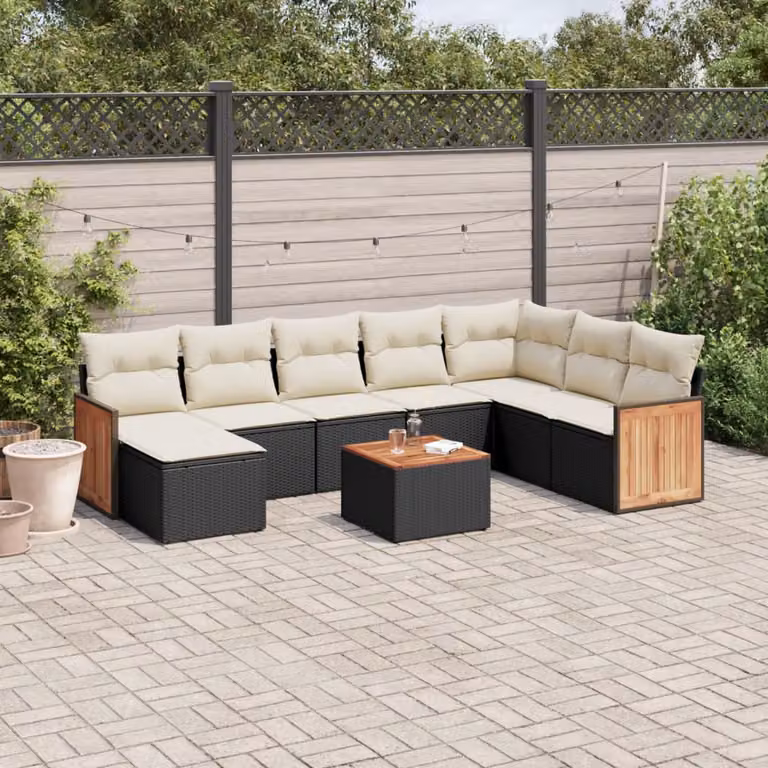 vidaXL Set Divani da Giardino 9 pz in Polyrattan Nero con Cuscini e Tavolino da Esterno a Forma di L