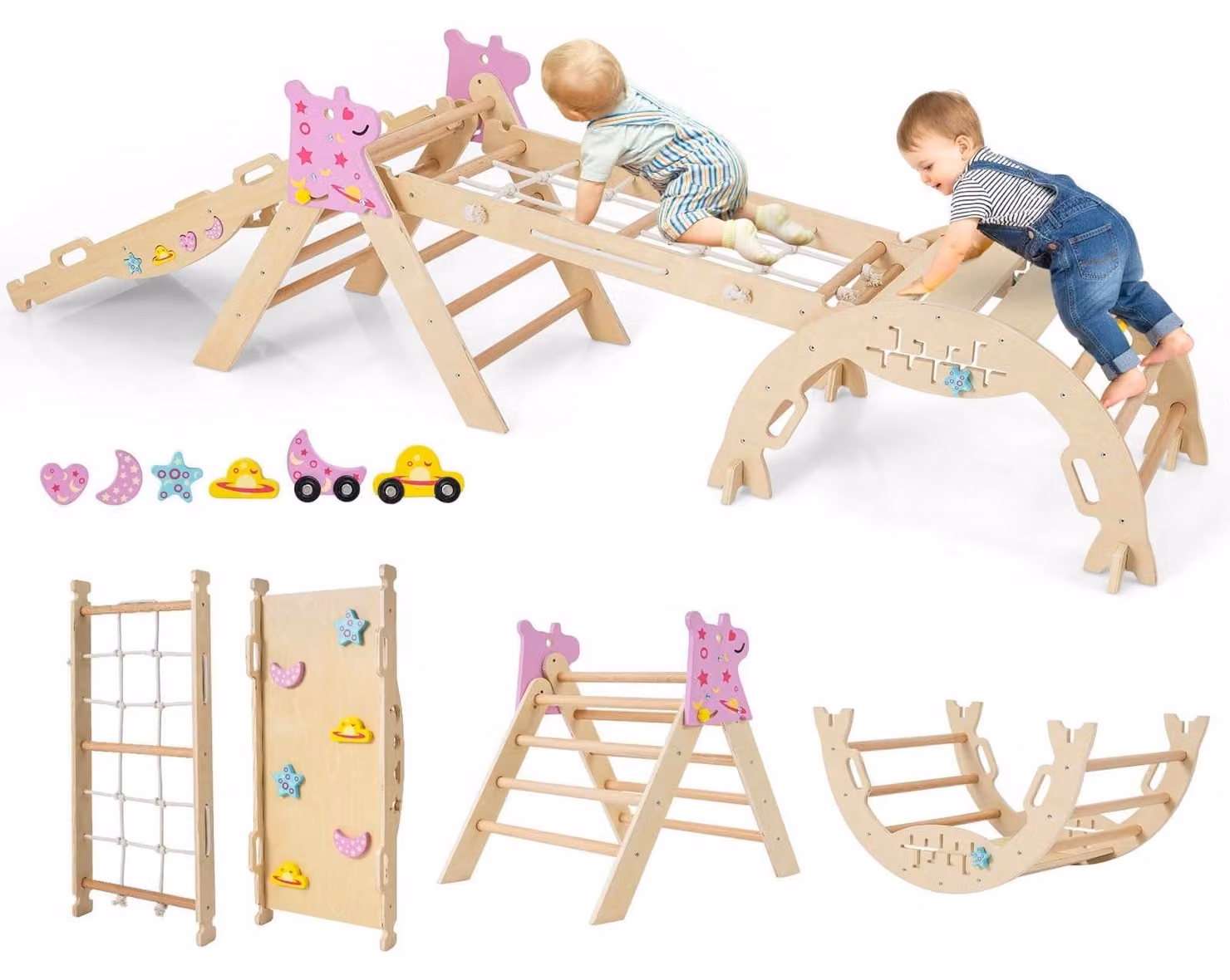 FANTASK, struttura da gioco indoor 7 in 1, set da arrampicata a triangolo con scivolo e elementi da arrampicata