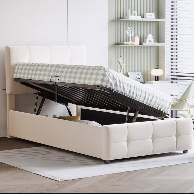 Letto imbottito Merax 90x200 cm con poggiatesta regolabile in altezza, letto contenitore idraulico rivestito in velluto, letto per bambini trasformabile in letto matrimoniale, con rete a doghe, color beige