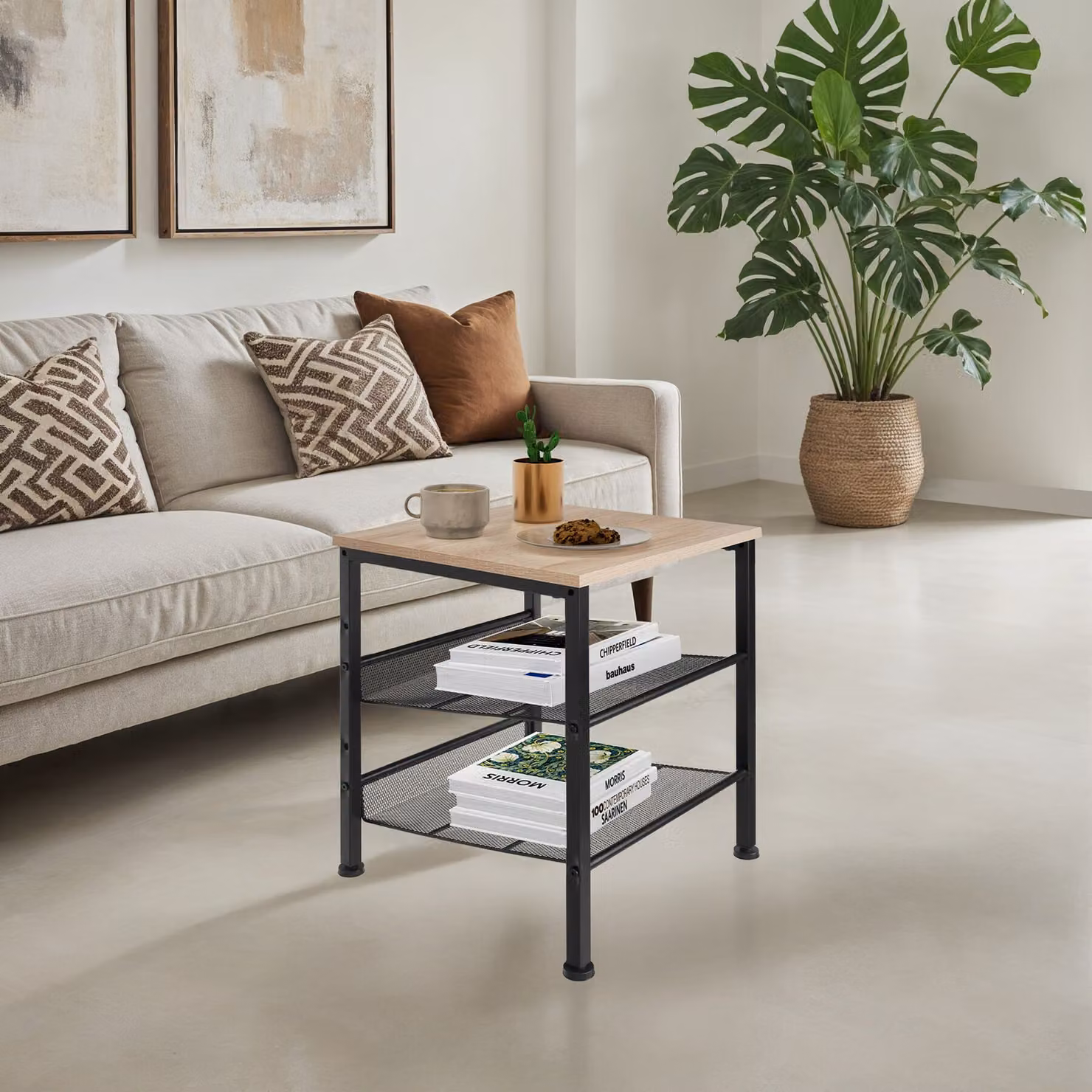 Tavolino quadrato in stile industriale tectake con finitura rovere e dettagli neri, L/P/H: 40,5 x 40 x 50,5 cm – 3
