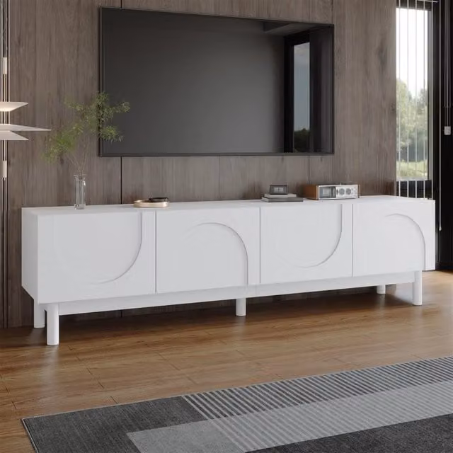 Mobile TV moderno WISHDOR bianco con ante senza maniglie, L: 169 cm, P: 34 cm, H: 45,5 cm, in MDF e pannello truciolare