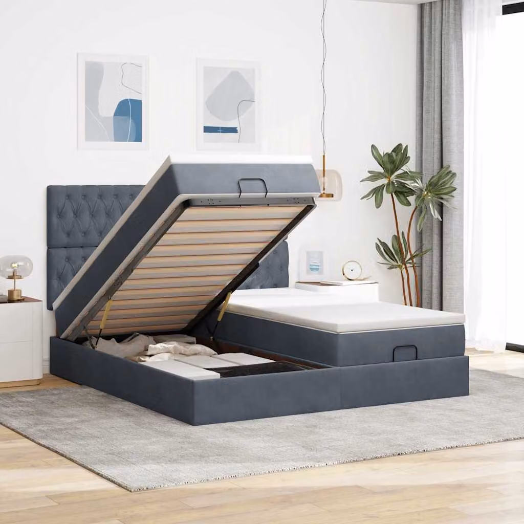 Letto con contenitore a sollevamento e materasso vidaXL in velluto con porte USB e illuminazione sottostante L: 180 cm, P: 200 cm, H: 128 cm
