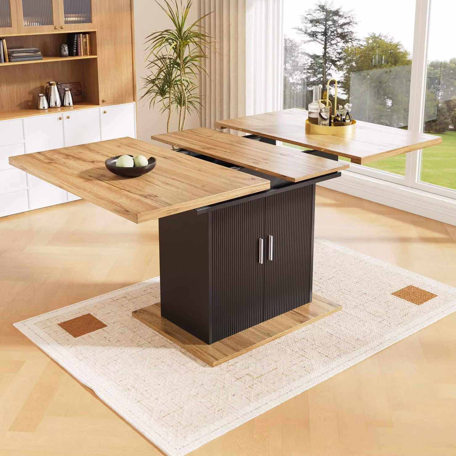 Tavolo da pranzo allungabile Flieks con armadio, tavolo telescopico rettangolare, tavolo da cucina 110-140x70x76 cm, tavolo con tre piani di appoggio, colore legno e nero
