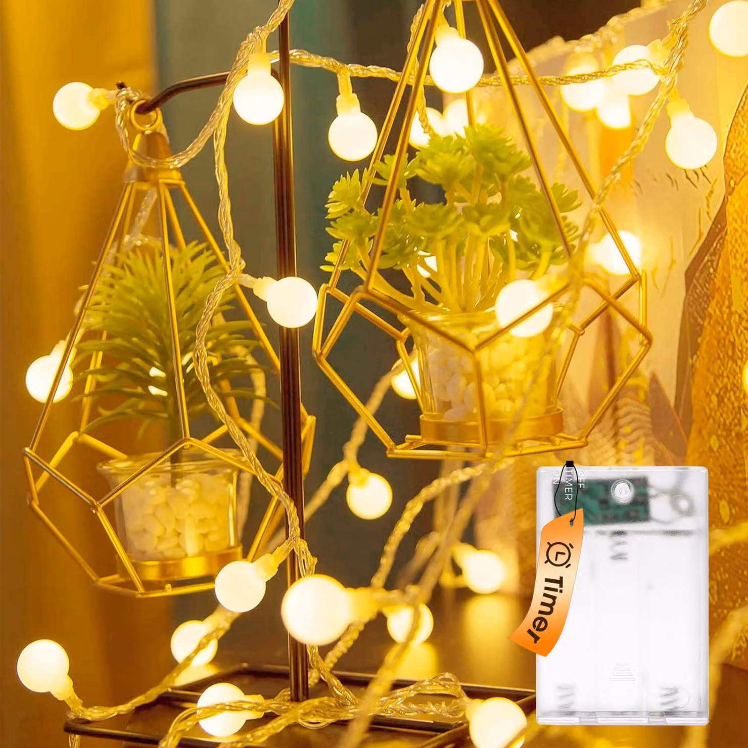 Catena luminosa con 30 LED, luce bianco caldo, lunghezza 3 metri, con timer, alimentazione a batteria, grado di protezione IP44