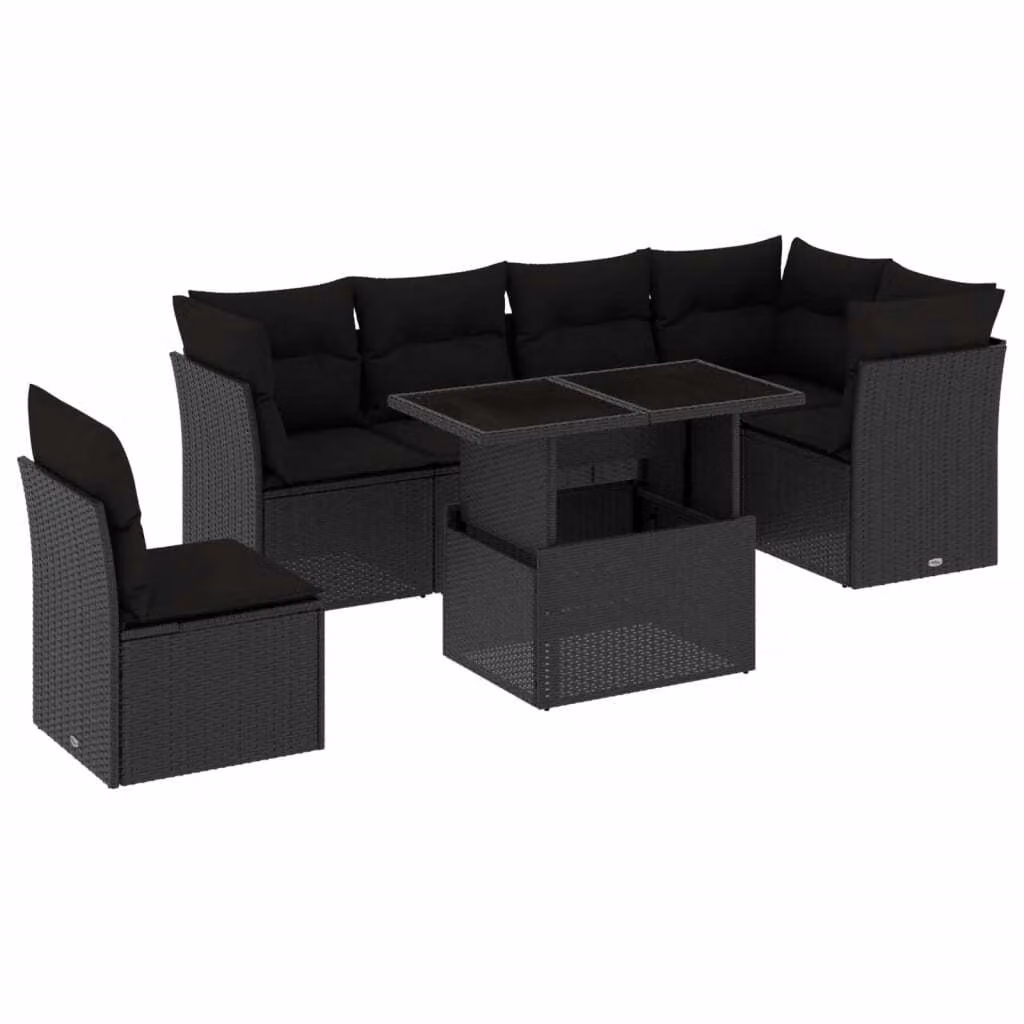Set Divani da Giardino con Cuscini 7pz Nero Polyrattan
