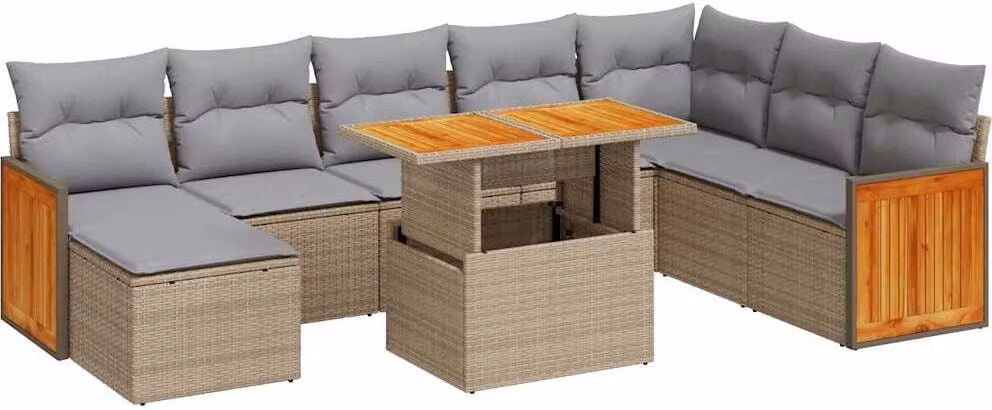 Set Divano da Giardino 9 pz con Cuscini Beige Polyrattan Acacia