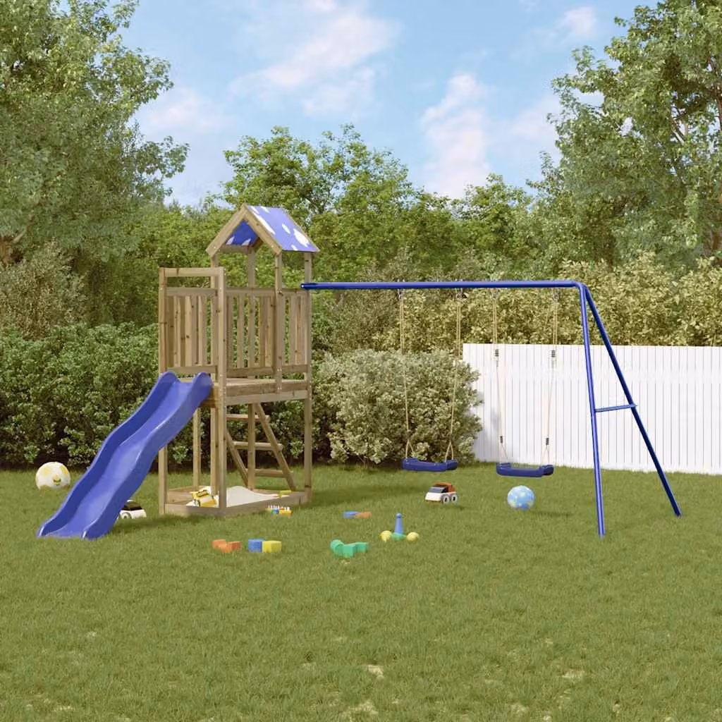 vidaXL Set da Gioco da Esterno in Legno di Pino con Scivolo, Altalena e Sabbiera, Multicolore, L: 366 cm, P: 323 cm, H: 215 cm – 1