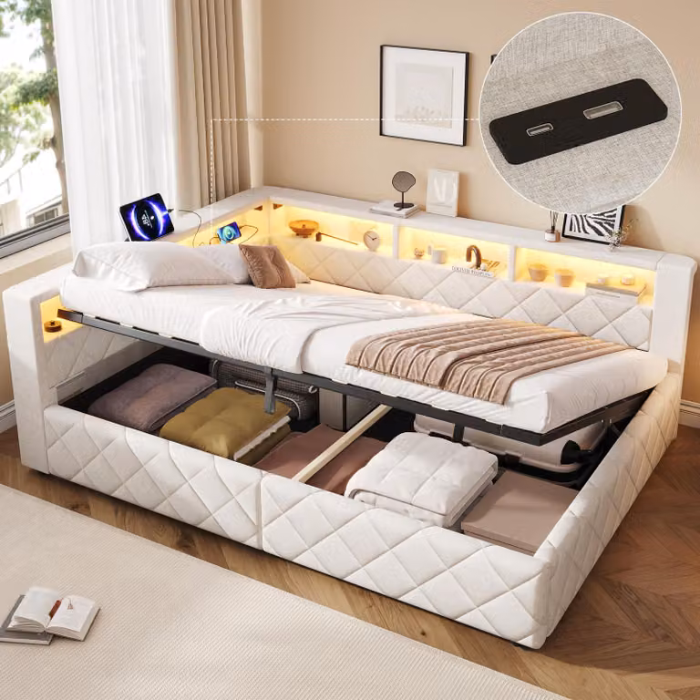 Divano letto 140 x 200 cm con spazio contenitore a sistema idraulico, striscia LED, porta USB, ripiano imbottito per la testata e rete a doghe, tessuto in lino, color beige