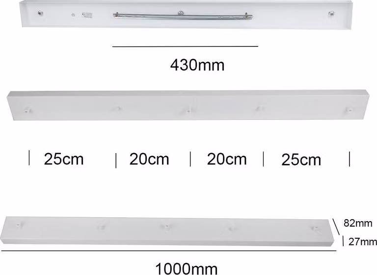 Piastra a soffitto sospesa per lampada, rosone o modanatura universale, metallo bianco, 100 cm per 2 o 3 lampade