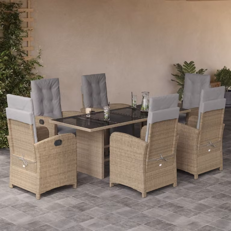 vidaXL Set da Pranzo da Giardino 7 pz in Polyrattan con Cuscini Beige e Tavolo in Vetro
