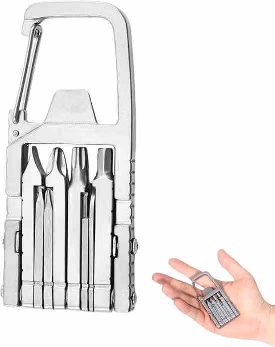 Set di attrezzi multiuso 12 in 1 per l'uso quotidiano: set portatile con morsetti, mini-attrezzo per interruttori con cacciavite, apribottiglie, supporto per telefono, cacciavite e moschettone. Ideale per il campeggio all'aria aperta.