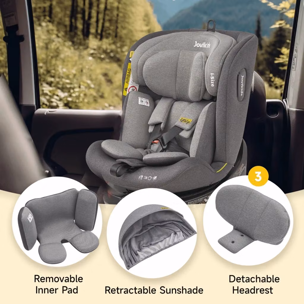 Seggiolino auto i-Size FOLYNA per bambini da 40 a 150 cm, girevole 360° con sistema ISOFIX, colore nero e grigio, L/P/H: 53 x 46 x 63.5 cm – 2