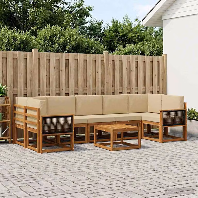 Set di divani da esterno vidaXL a forma di L in legno di acacia con tavolo da caffè e cuscini, colore beige e marrone