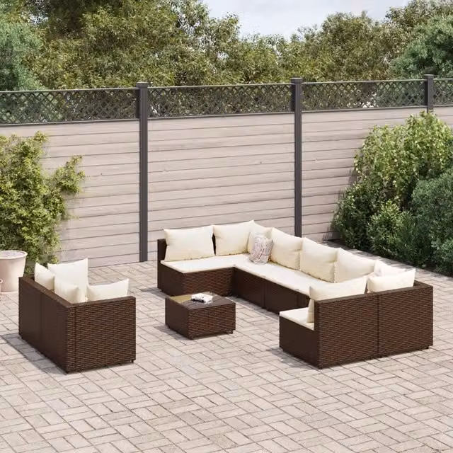 Set da giardino vidaXL composto da 10 pezzi con divano a 3 posti, tavolino da caffè e elementi angolari in rattan marrone con cuscini inclusi – 1