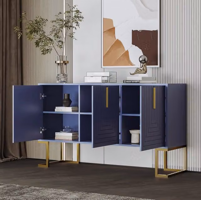 Sideboard moderno a 3 ante con ripiani regolabili, maniglie metalliche e base a U in navy blue per soggiorno e cucina