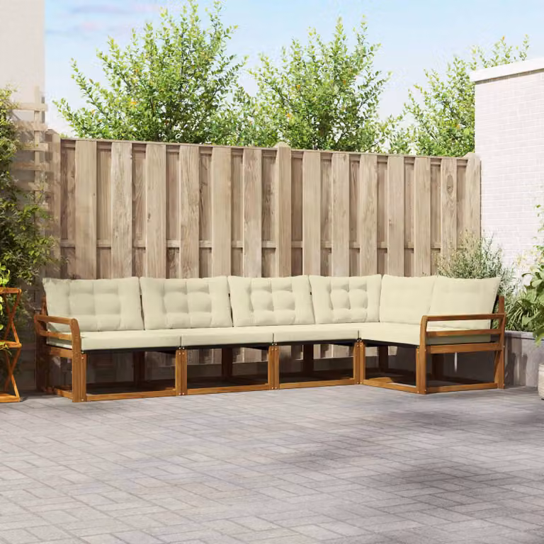 Set di divani da esterno vidaXL a forma di L composto da 5 pezzi in legno di acacia con sedute in textilene, colore beige e marrone