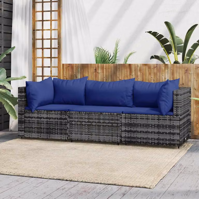 Set di divani da giardino vidaXL a forma di L composto da 3 pezzi con cuscini in tessuto blu e struttura in metallo e rattan grigio