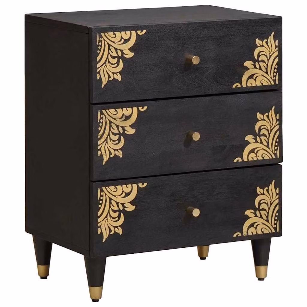 Armadio da notte moderno vidaXL in legno di mango massello e metallo, colore nero e marrone, L 50 cm x P 33 cm x H 62 cm