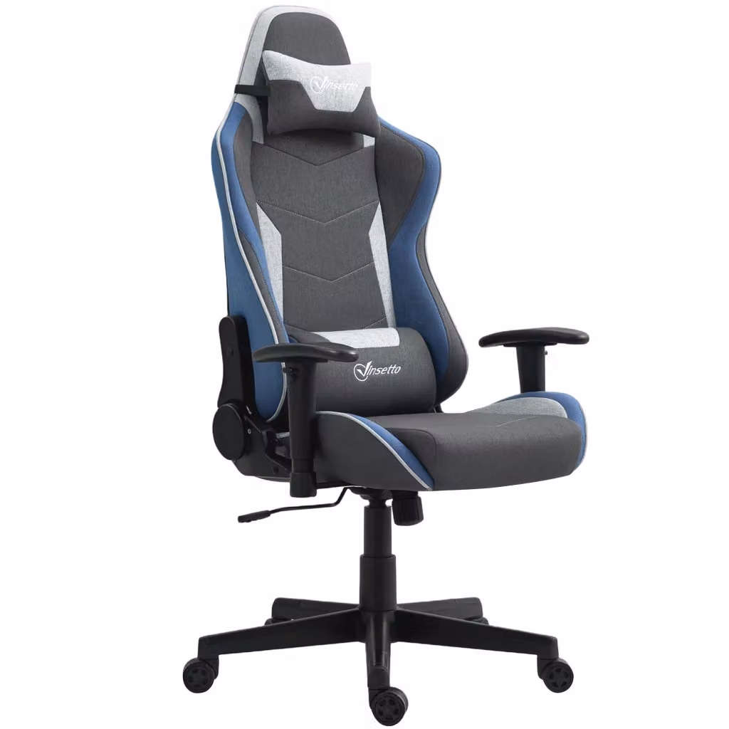 Sedia da Gaming Minimal Reclinabile con Dondolo in Tessuto Grigio e Blu L: 53 cm, P: 66 cm, H: 128-138 cm – 2