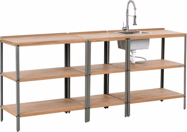 Cucina da esterno 3 elementi in legno di acacia con lavello e rubinetto in acciaio inox in legno massiccio marrone