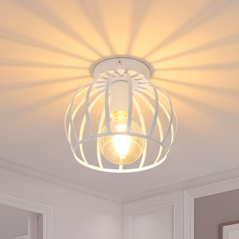 Comely: Lampada da soffitto vintage in stile industriale, con portalampada E27 e struttura a gabbia, colore bianco