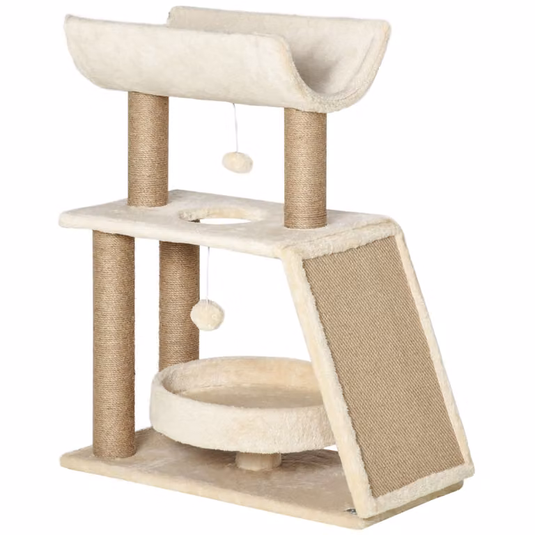 PawHut Albero per gatti design accogliente chic multi-attrezzatura centro attività tiragraffi piattaforme letto gioco palla appesa legno e sisal peluche corto 60 x 30 x 76 cm marrone chiaro