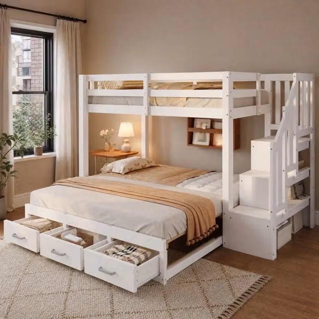 Letto a castello 90x200 cm con letto estraibile 90/180x190 cm e cassetti; in legno bianco