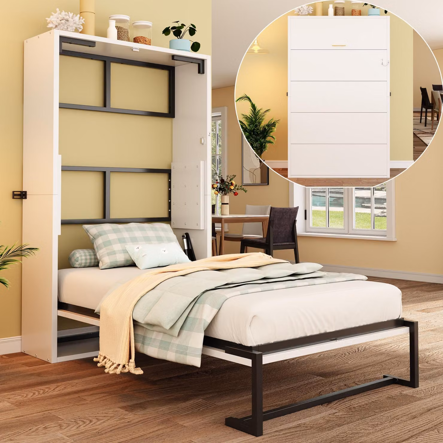 Letto a scomparsa Flieks, 90x200 cm, letto singolo per ragazzi con fissaggio a muro bloccabile, letto Murphy bianco