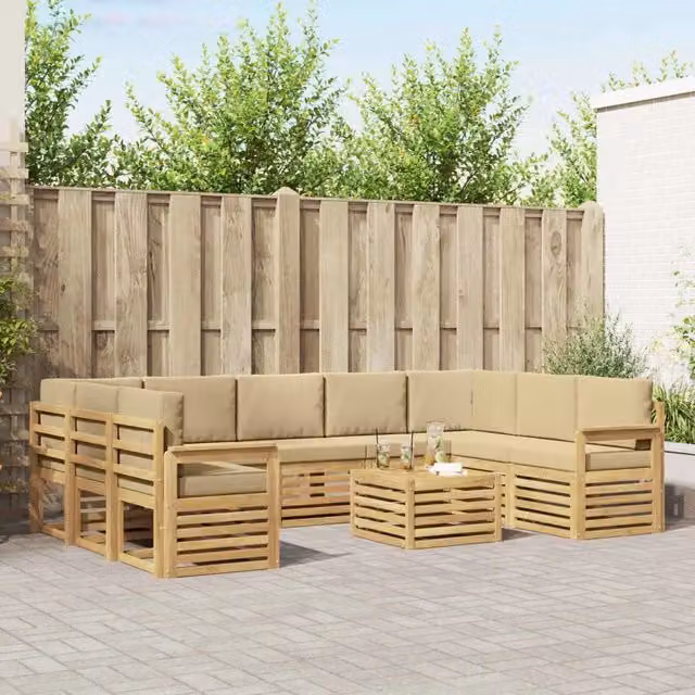 Set di divani da esterno a forma di U vidaXL in legno di acacia con cuscini bianchi e beige
