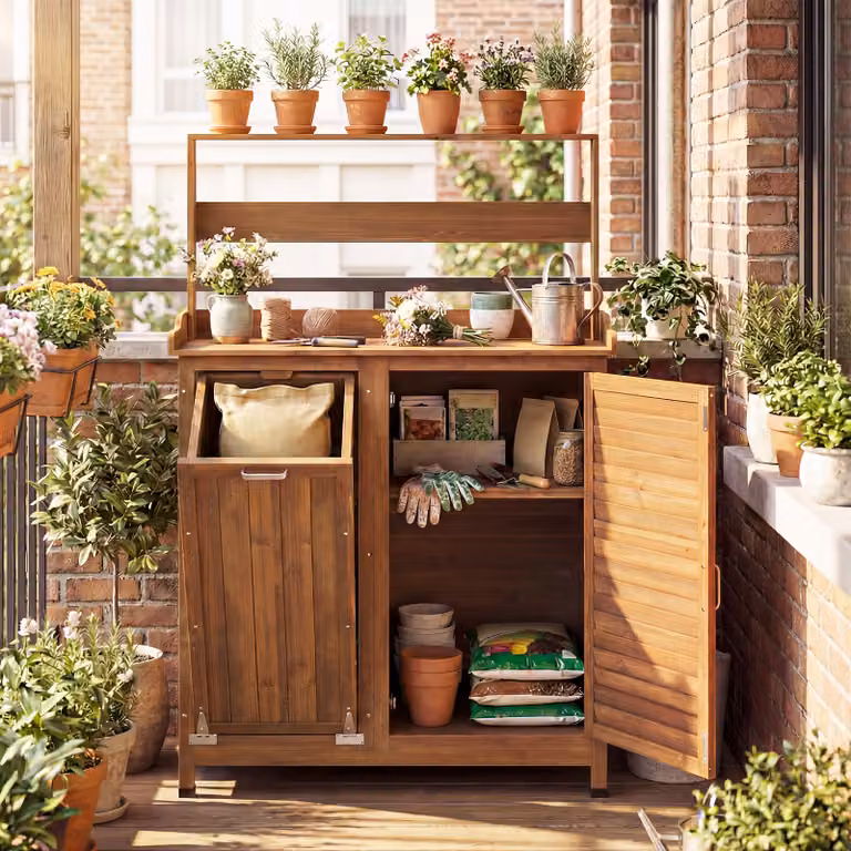 Mobiletto da giardinaggio Costway in legno di abete marrone con ripiano regolabile e piano ribaltabile per esterno e terrazzo