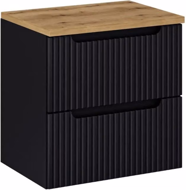 Set da bagno VANO 60cm: mobile sottolavabo con cassetti scanalati verticalmente + piano per lavabo effetto rovere