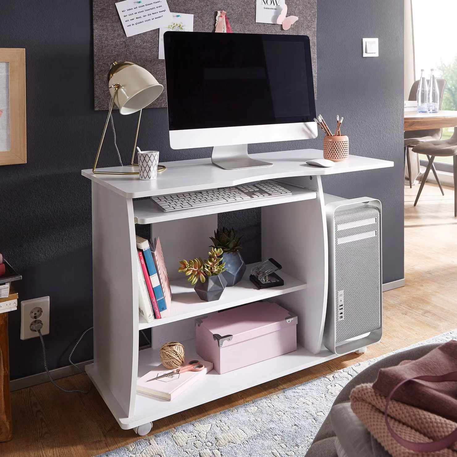FineBuy scrivania per computer bianca con rotelle 90 cm