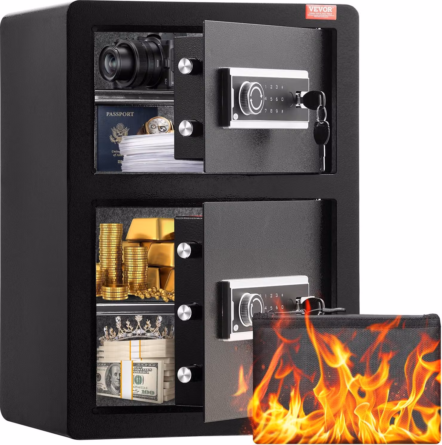 Cassaforte a due ante con serratura a chiave e password Cassaforte per mobili 42x35x59cm nero
