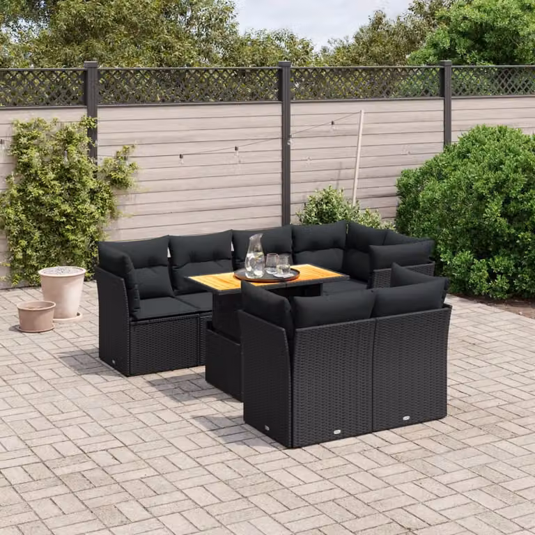 vidaXL Set Divani da Giardino a L con Cuscini 8 pz Nero in Polyrattan e Legno di Acacia