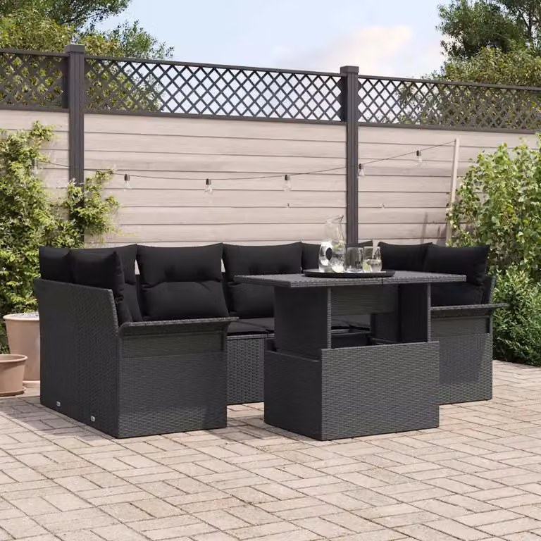 Set Divano da Giardino a L vidaXL 7 Pezzi Nero con Cuscini e Tavolino in Polyrattan e Acciaio
