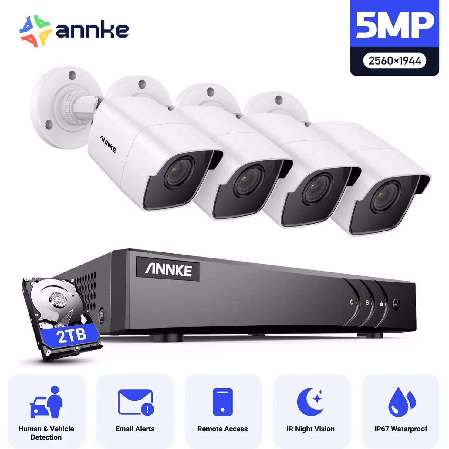 Kit di videosorveglianza con DVR H.265+, 8 canali, risoluzione 5MP, composto da 8 telecamere IP esterne da 5MP con sensore PIR, grado di protezione IP67 (resistenti agli agenti atmosferici), sistema di telecamere DVR SECUR con allarme