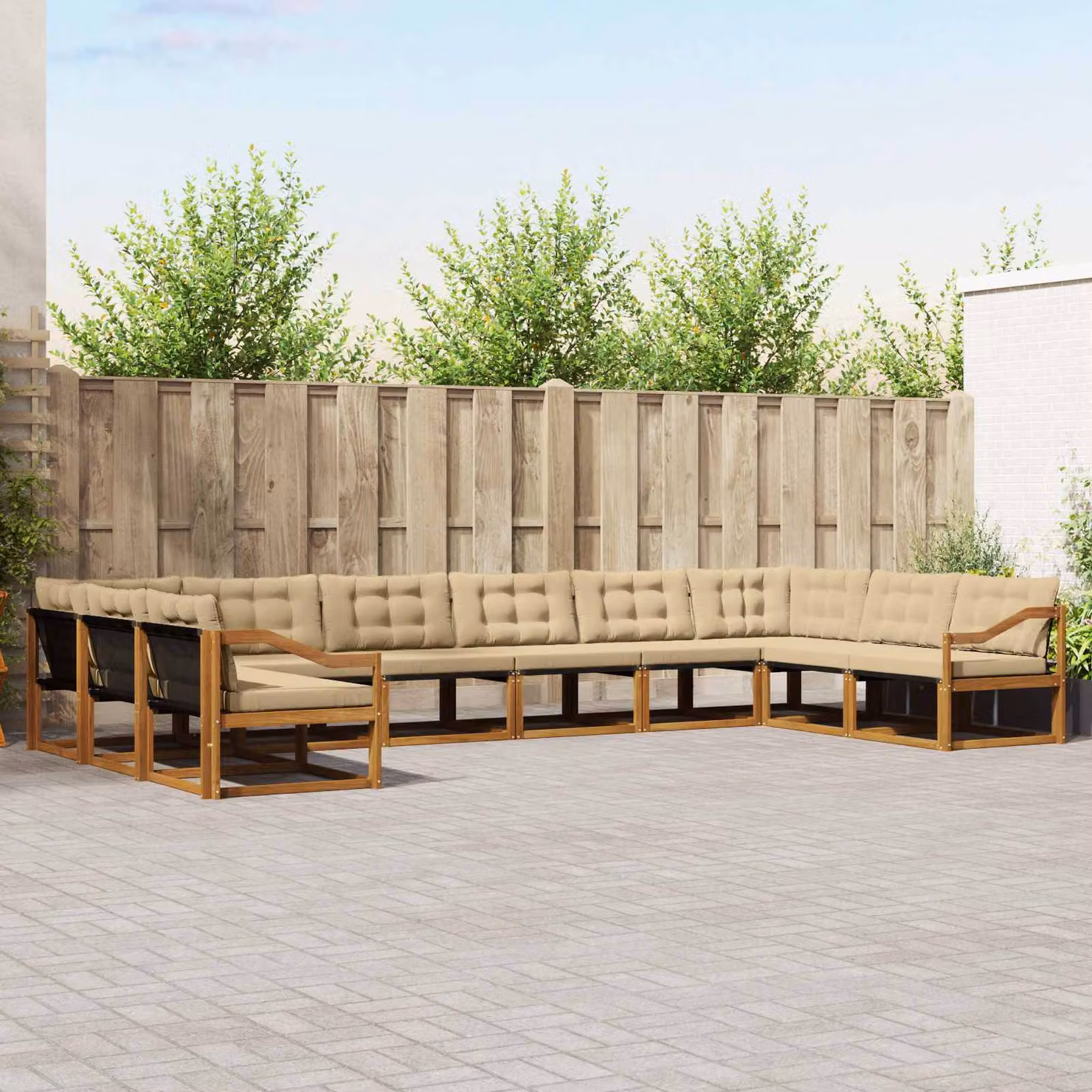 Set di divani da esterno vidaXL 10 pezzi in legno di acacia con cuscini beige e marrone a forma di U