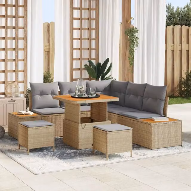 Set Divano da Giardino 8 Posti vidaXL in Poly Rattan Beige con Cuscini e Tavolino