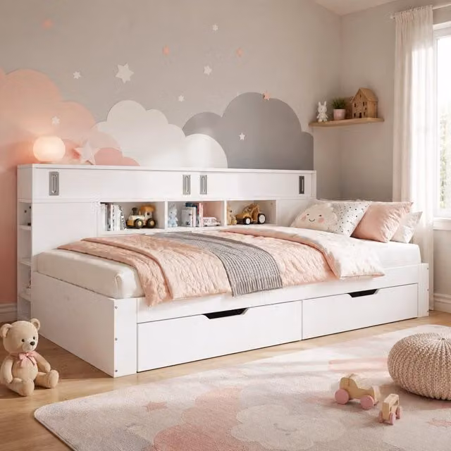 Struttura letto 140 × 200 cm in MDF bianco con rete a doghe cassetti armadietti scorrevoli e ripiani regolabili