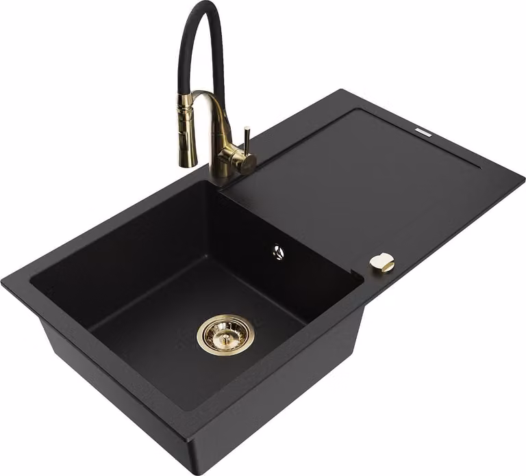 Mexen Leo lavello in granito a 1 vasca con scolapiatti e rubinetto da cucina Aster, nero - 6501-77-73450-57-G