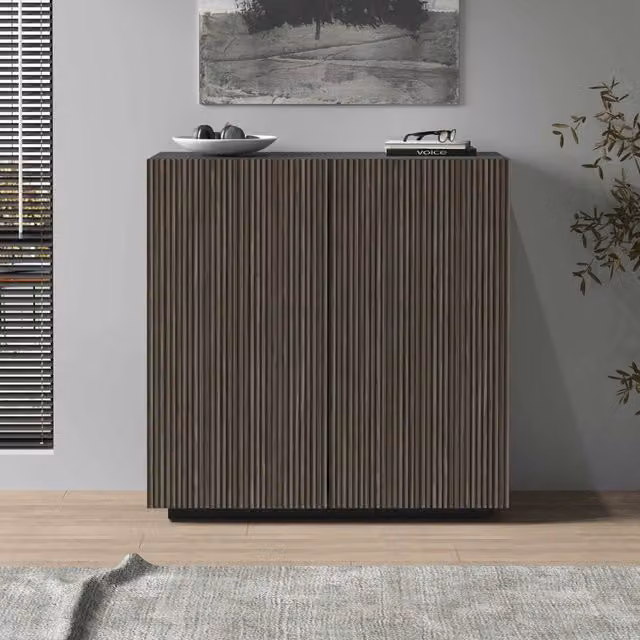 WHOUS Credenza Coste a 2 ante effetto cannetè antracite opaco e legno scuro 120x43x126 cm