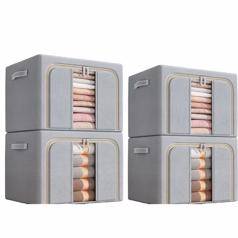 set di 4 scatole portaoggetti in tessuto Oxford, impermeabile, pieghevole, 100L, scomparti, per vestiti e guardaroba, con finestra di visualizzazione, grigio chiaro