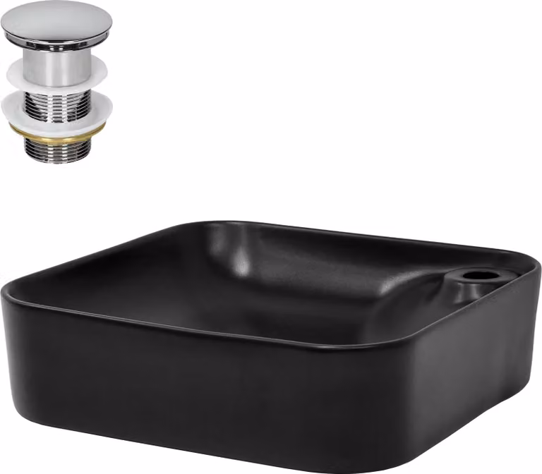 LuxeBath Lavabo da appoggio Square, 43x43x12 cm, nero, in Vetroceramica, incl. set di scarico senza troppopieno